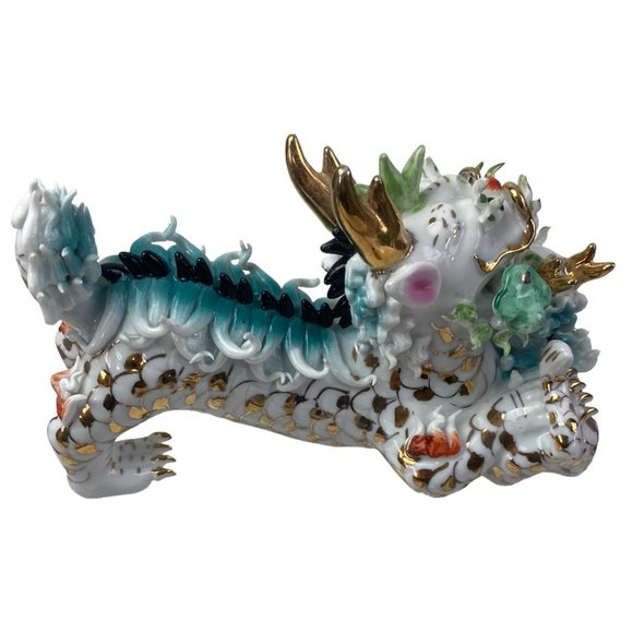 Vintage Porcelain Foo Dogs Asian Temple Guardian Lion Teal w/ Gold Tone Accents - Picture 4 of 7